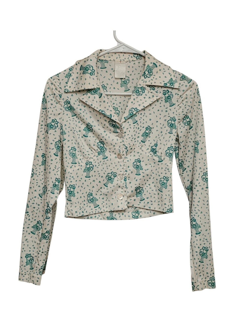 Vintage 1970s Dagger Collar Blouse Top Green White Floral Vase Print Disco S